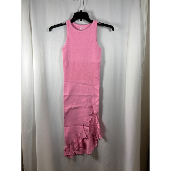 OQQ Dresses & Skirts - OQQ Womens Pink Ribbed Sleeveless Asymmetrical Ruffle Hem Bodycon Midi Dress M